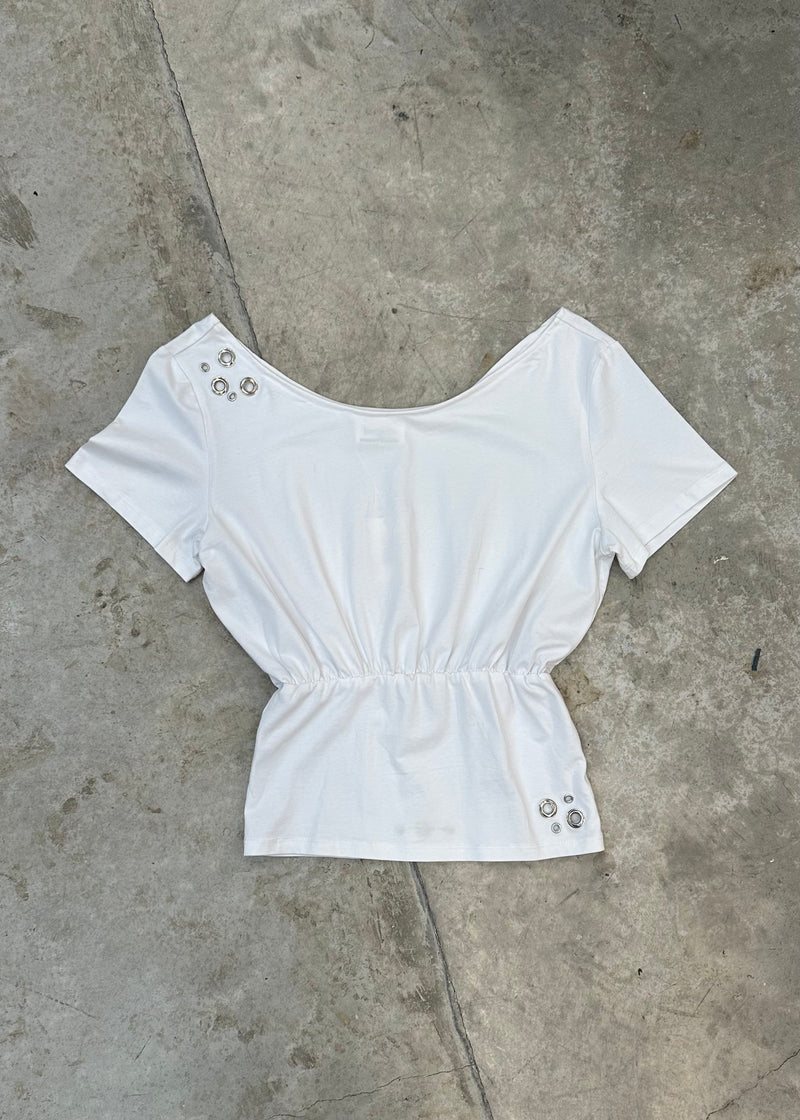 OFF THE SHOULDER WHITE GROMMET TOP