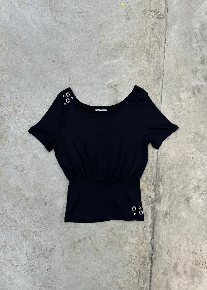 OFF SHOULDER BLACK GROMMET TOP