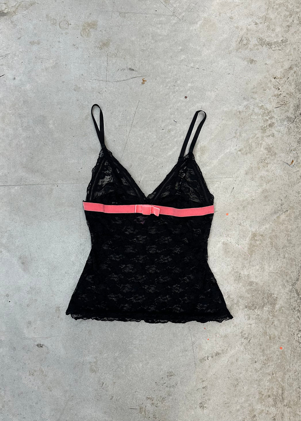 Black lace cami with pink ribbon