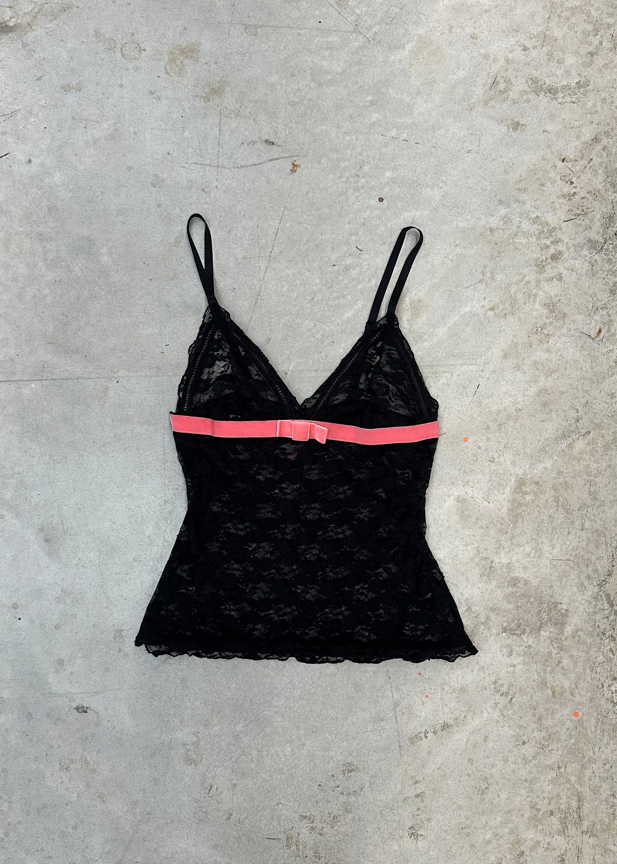 Black lace cami with pink ribbon