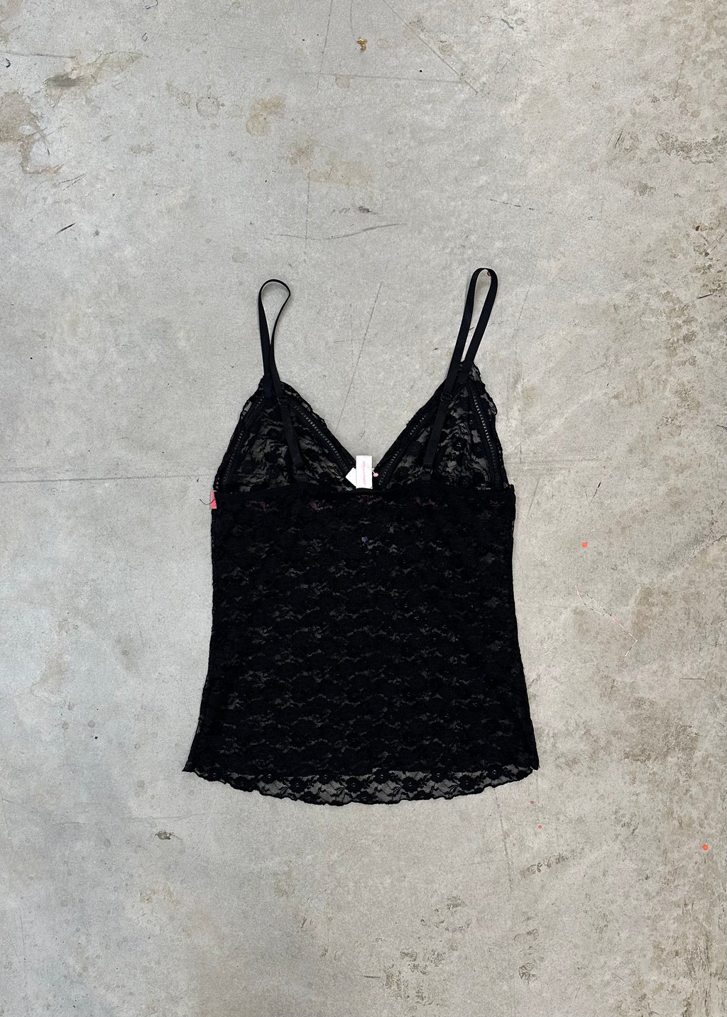 Black lace cami with pink ribbon