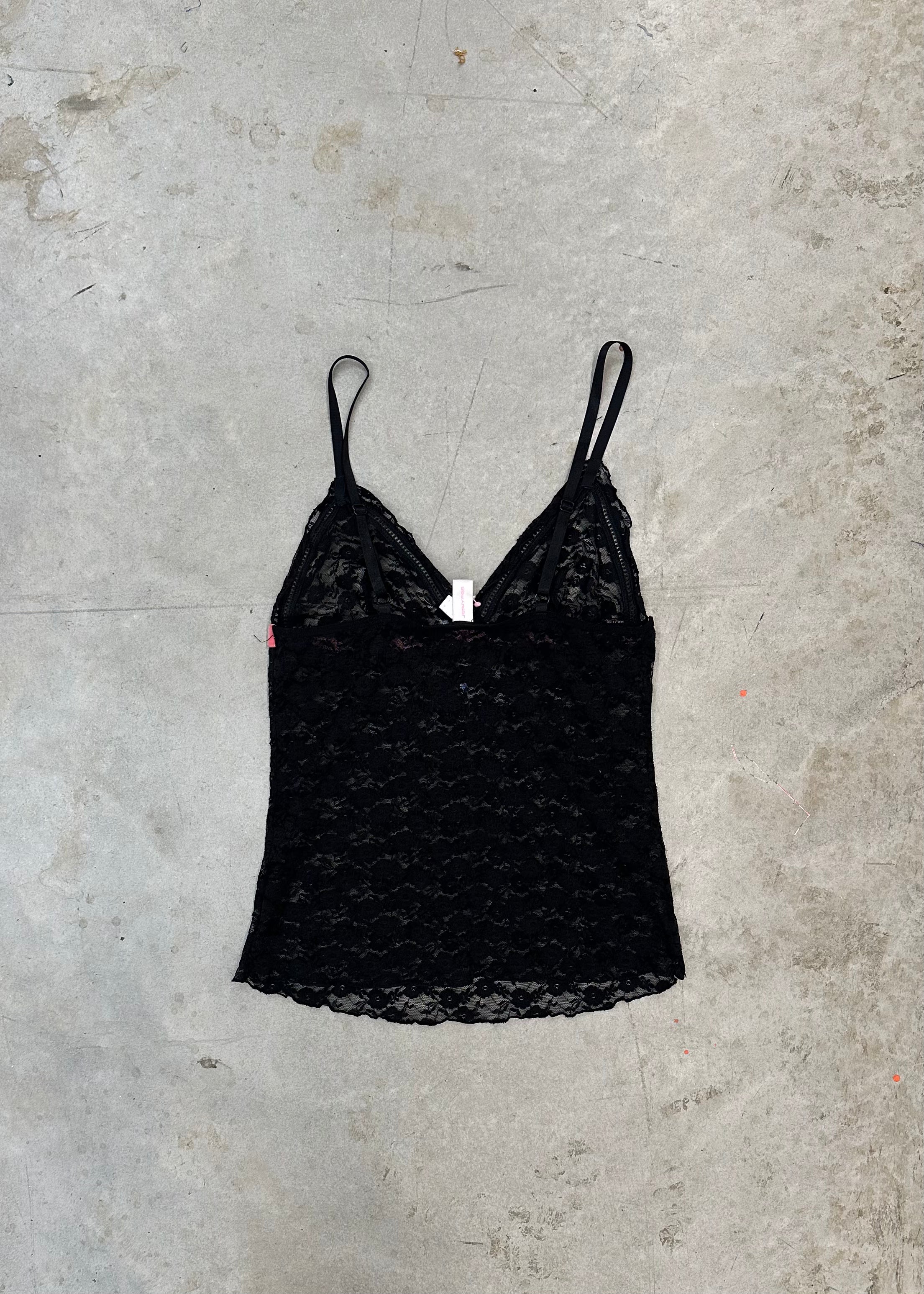 Black lace cami with pink ribbon