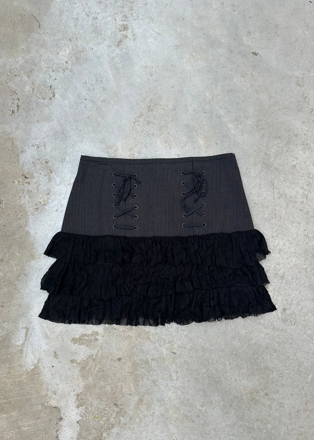 STRIPED AND MESH RUFFLE SKIRT