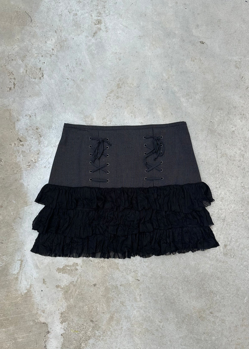 STRIPED AND MESH RUFFLE SKIRT
