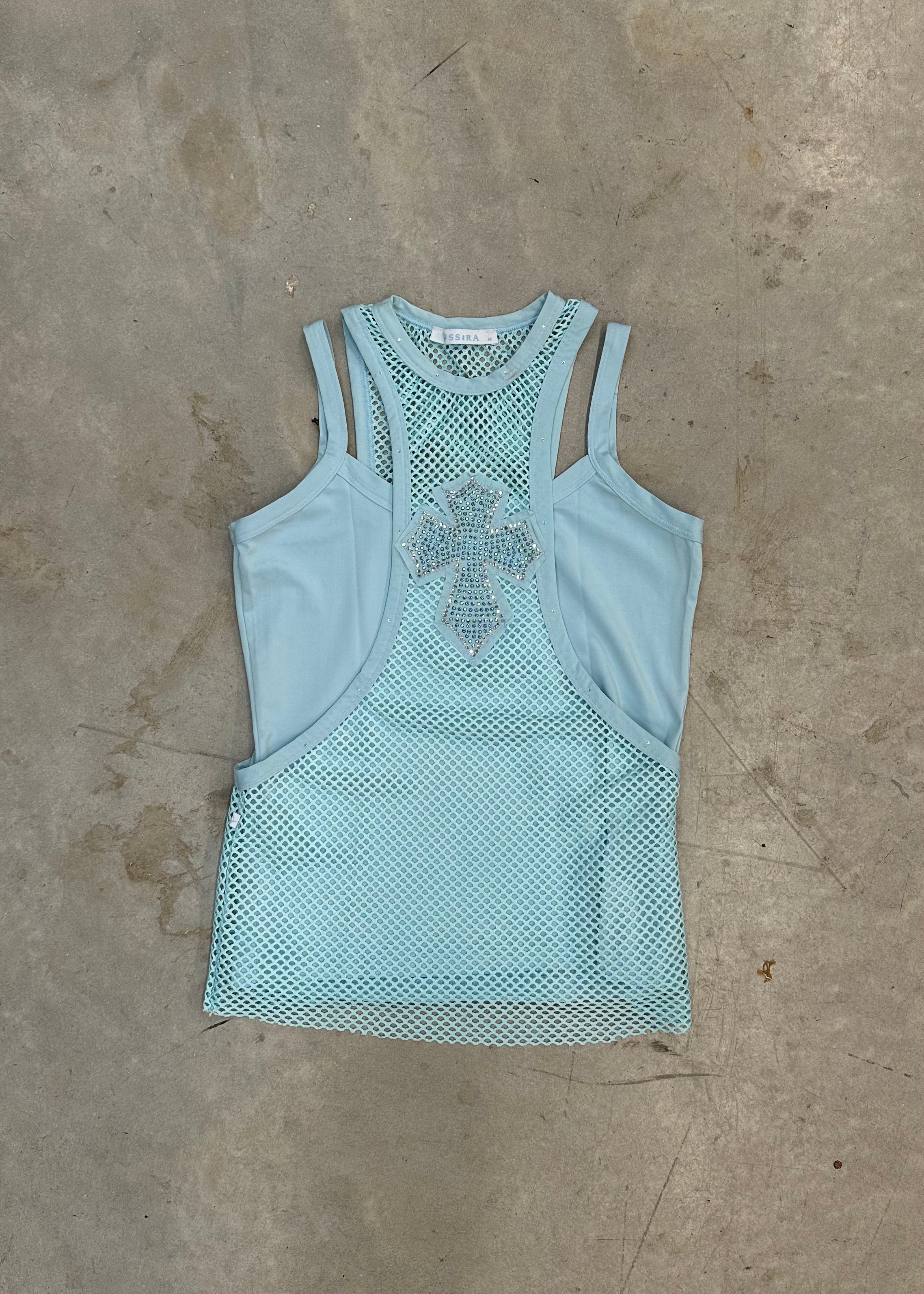 MESH DIAMANTE CROSS VEST TOP